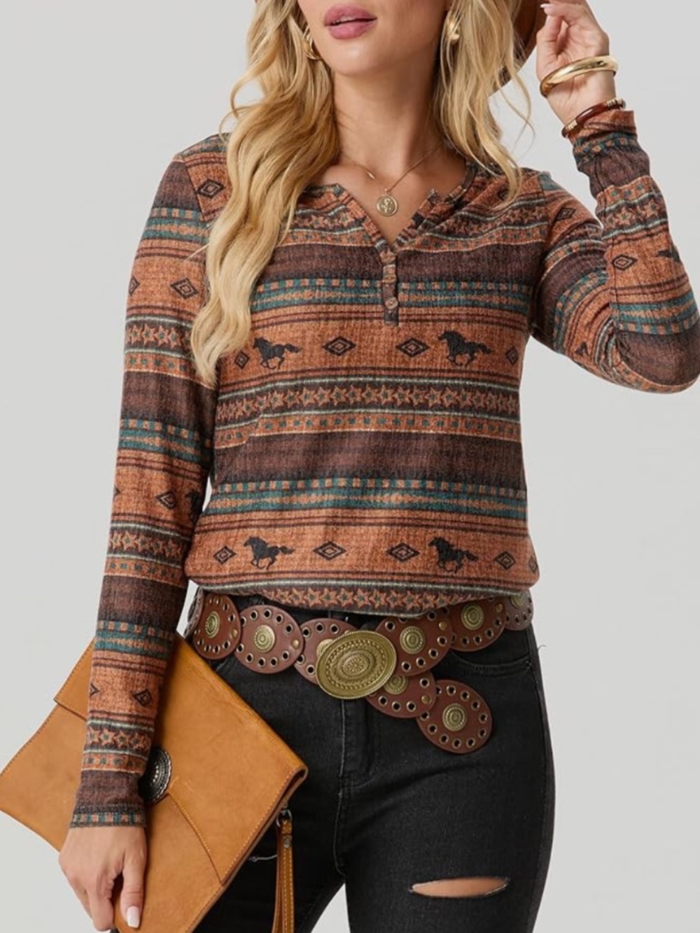 Women’s Aztec Horse-Print Long Sleeve Top - Brown/Teal